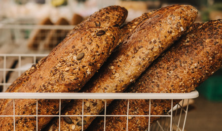 Close-up of grain bread. Concept of healthy eating and traditional bakery. Selective focus