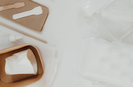 Eco friendly, disposable, recyclable, compostable tableware. Paper food boxes, dishes on light background. Sustainable lifestyle and PLASTIC FREE concept. Flat lay Earth tones with place for textの写真素材