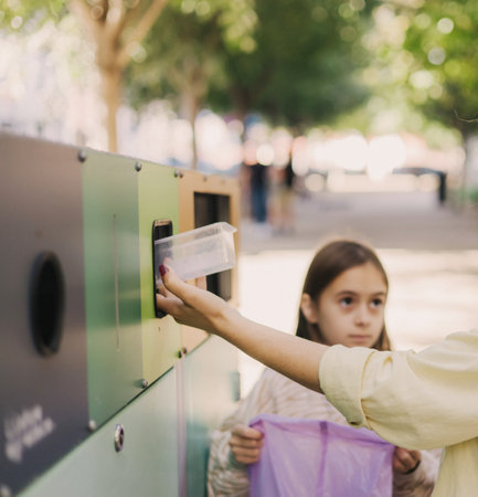 Mom teaching Gen Alpha girl to sort trash near waste bins outdoors. Throwing plastic, paper, glass, e-waste bag into bucket for reuse. Concept of helping climate change and clean eco green no wasteの写真素材