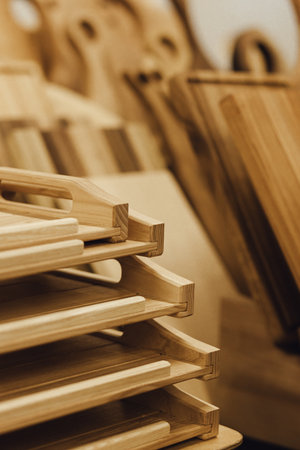 Colorful handmade wooden utensils. Minimalist lifestyle. Shopping at local businesses.の写真素材