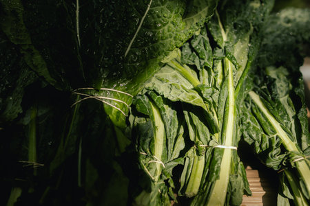 Fresh greens and lettuce at small local urban market. Organic produce on sale at outdoor farmer...