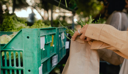 Close up of hands buying greens and vegetable on the local Farmers market. Customer Shopping At Farmers Market Stall. Part of the series.の写真素材