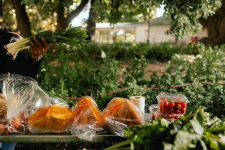 Fresh vegetables at small local urban market. Organic produce on sale at outdoor farmer market....