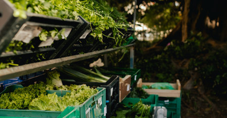 Fresh greens and lettuce at small local urban market. Organic produce on sale at outdoor farmer market. Selling fresh crops and veggies harvest. European urban setting. Close up. Part of the seriesの写真素材