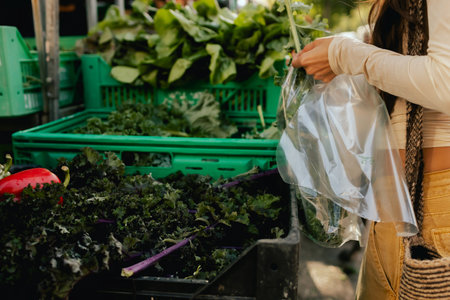 Close up of hands buying greens and vegetable on the local Farmers market. Customer Shopping At Farmers Market Stall. Part of the seriesの写真素材