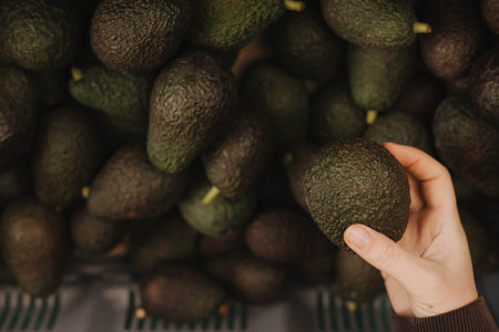 Close up of woman buying green avocado on the local Farmers market. Mature Female Customer Shopping At Farmers Market Stall. Close up. Part of the series.の写真素材