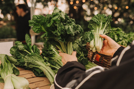 Close up of woman buying greens on the local Farmers market. Mature Female Customer Shopping At Farmers Market Stall. Close up. Part of the series.の写真素材