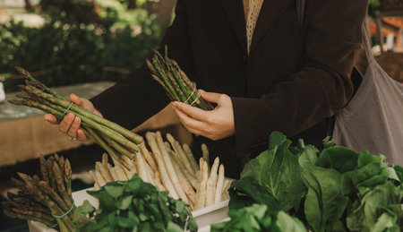 Close up of woman buying green asparagus on the local Farmers market. Mature Female Customer Shopping At Farmers Market Stall. Close up. Part of the series.の写真素材