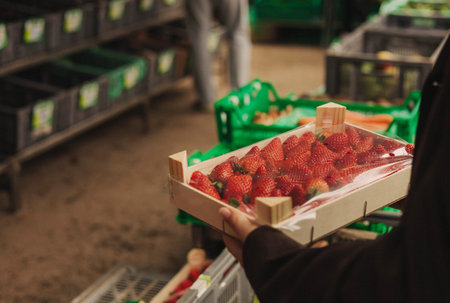 Close-up of a wooden box of fresh strawberries in a female buyer's hands. Packages stacked on top of each other at a local market. The berries are firm, rich, and bright.の写真素材
