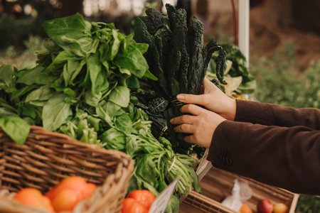 Close up of woman buying greens on the local Farmers market. Mature Female Customer Shopping At Farmers Market Stall. Close up. Part of the series.の写真素材
