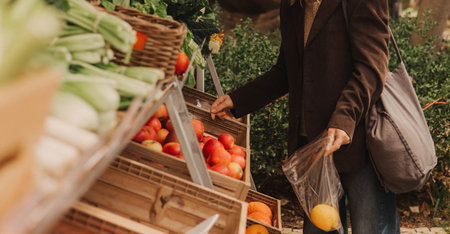 Close-up of female hands putting lemons into a bag at a local market. Organic produce on sale at outdoor farmer market. Selling fresh crops and veggies harvest. Close up. Part of the seriesの写真素材