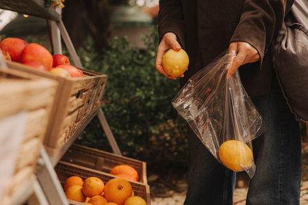 Close-up of female hands putting lemons into a bag at a local market. Organic produce on sale at outdoor farmer market. Selling fresh crops and veggies harvest. Close up. Part of the seriesの写真素材