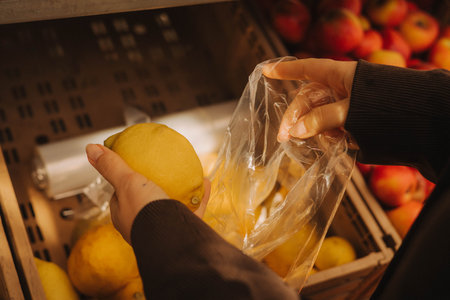 Close-up of female hands putting lemons into a bag at a local market. Organic produce on sale at...