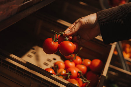 Close-up of female hands with fresh tomatoes at a local market. Organic produce on sale at outdoor farmer market. Selling fresh crops and veggies harvest. Close up. Part of the seriesの写真素材