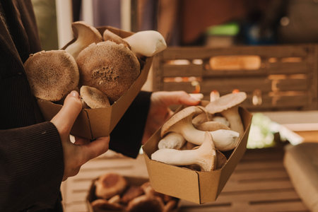 Close-up of hands with exotic mushrooms in a paper box, champignons grown gourmet. Organic produce on sale at outdoor farmer market. Selling fresh crops and veggies harvest.の写真素材