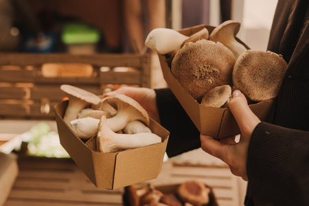 Close-up of hands with exotic mushrooms in a paper box, champignons grown gourmet. Organic produce on sale at outdoor farmer market. Selling fresh crops and veggies harvest. Urban settingの写真素材