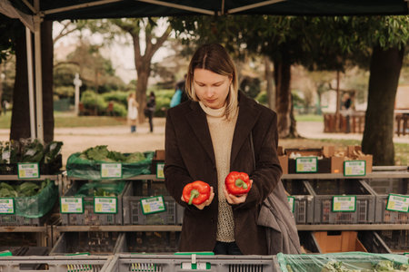 Middle-aged woman on the local Farmers market. Mature Female Customer Shopping At Farmers Market Stall. Beautiful woman buys a greens and vegetables. Close up. Part of the seriesの写真素材
