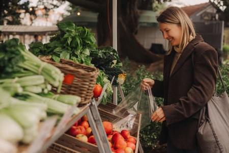Middle-aged woman on the local Farmers market. Mature Female Customer Shopping At Farmers Market Stall. Beautiful woman buys a greens and vegetables. Close up. Part of the seriesの写真素材