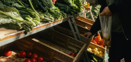 Close up of hand with a greens in polyethylene bag on the local Farmers market. Mature Female...