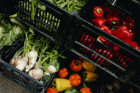Fresh vegetables at small local urban market. Organic produce on sale at outdoor farmer market. Selling fresh crops and veggies harvest. European urban setting. Close up. Part of the series.の写真素材