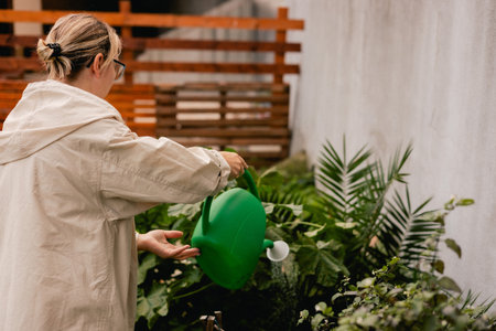 Portrait of a middle-aged woman as florist taking care of flowers and plants in garden with vintage greenhouse eco-farm. Concept green tourism, slow life, gardening, eco friendly. Part of the seriesの写真素材