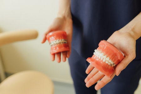 Close-up of dentist's hands showing dental treatment on artificial jaw. Tooth whitening, cleaning or...