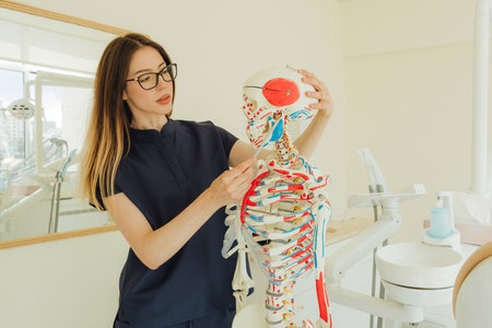 Young female dentist with skeleton model. Woman in medicine,teeth and dentist for dental care, appointment or checkup at clinic. Tooth whitening, cleaning or oral, mouth and gum care. Part of a seriesの写真素材