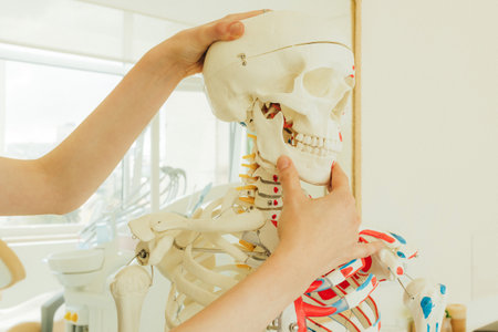 Young female dentist with skeleton model. Woman in medicine,teeth and dentist for dental care, appointment or checkup at clinic. Tooth whitening, cleaning or oral, mouth and gum care. Part of a seriesの写真素材