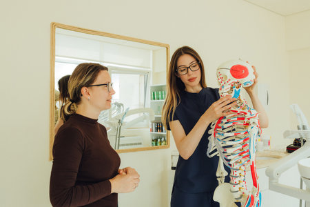 Young female dentist with skeleton model. Woman in medicine,teeth and dentist for dental care, appointment or checkup at clinic. Tooth whitening, cleaning or oral, mouth and gum care. Part of a seriesの写真素材