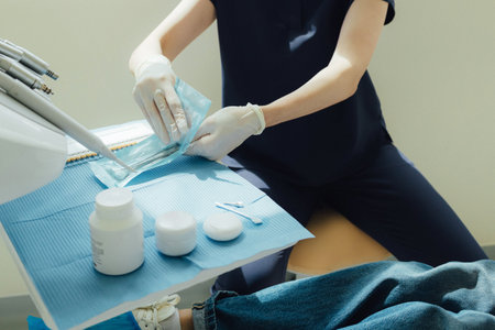 Sterile clean tools of the dentist at the consultation, teeth and dentist for dental care, appointment or checkup at clinic. Tooth whitening, cleaning or oral. Soft focus. Part of a series. Close-up.の写真素材