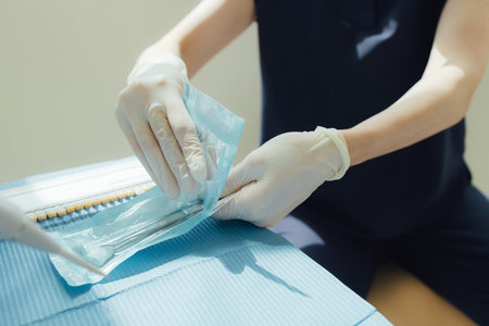 Sterile clean tools of the dentist at the consultation, teeth and dentist for dental care, appointment or checkup at clinic. Tooth whitening, cleaning or oral. Soft focus. Part of a series. Close-up.の写真素材