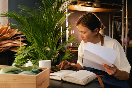 A middle-aged woman calculates finances on a calculator at a flower shop with various plants in the...
