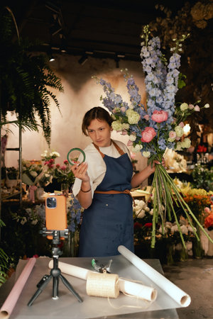 Small flower shop. A woman writes a video blog or online course. Flower school concept. Florist woman creates flower arrangement. . Local business. Part of a series.の写真素材