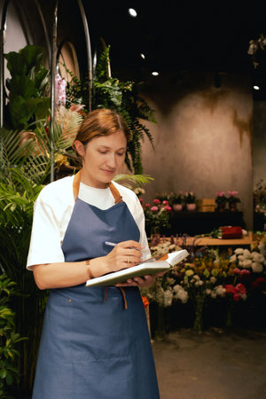 Middle-aged female florist in apron arranging logistics, and delivery, taking orders. Small local business. Part of a series. Soft focusの写真素材
