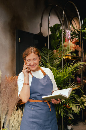 Middle-aged female florist in apron talking on the phone. She is arranging logistics, and delivery, taking orders. Small local business. Part of a series. Soft focusの写真素材