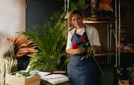 Middle-aged female florist in apron arranging fresh flowers for bouquet in the flower shop. Small local business. Part of a series. Soft focusの写真素材
