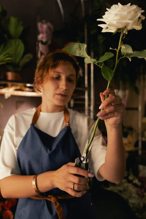 Middle-aged female florist in apron arranging fresh flowers for bouquet in the flower shop. Small local business. Part of a series. Soft focusの写真素材