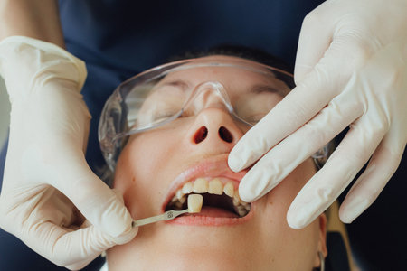 Smiling mature woman at dental check-up with young female dentist. Appointment at clinic. Tooth...
