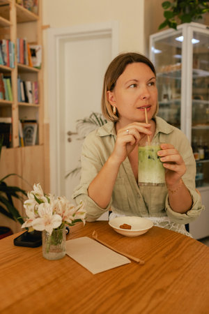 Middle-aged woman scrolls her social media feed on mobile phone in a cozy cafe. Small business. Using phone for business, online shopping, transfer money, financial, internet banking. Part of a seriesの写真素材