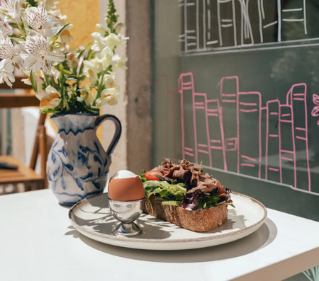 Sandwich with meat, egg and with freshly greens. Crop delicious breakfast served on wooden table in sunny outdoor cafe. Part of a series.の写真素材