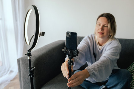Middle-aged woman beauty blogger filming skincare product unboxing at home with ring light. User-generated content UGC for online store promotion. Vlogger live streaming. Part of a seriesの写真素材