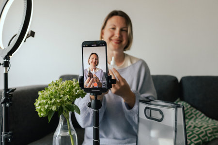 Middle-aged woman beauty blogger filming skincare product unboxing at home with ring light. User-generated content UGC for online store promotion. Vlogger live streaming. Part of a seriesの写真素材