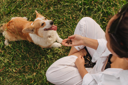 Close-up of a woman training and feeding a Welsh Corgi in the park in sunny weather. Concept of walking a dog, friendship between a dog and owner. Part of a series. Soft focus.の写真素材