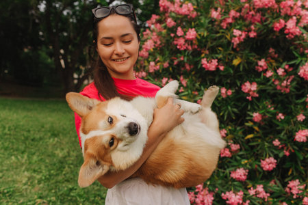 Close-up of a woman hugging a Welsh Corgi in the park in sunny weather. Concept of walking a dog, friendship between a dog and owner. Part of a series. Soft focus.の写真素材