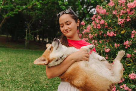 Close-up of a woman hugging a Welsh Corgi in the park in sunny weather. Concept of walking a dog, friendship between a dog and owner. Part of a series. Soft focus.の写真素材