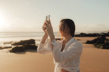 Young girl recording video on phone share via app her travel vacation near seaside. Gen Z influencer shooting social media stories. Concept of friendship between a dog and human. Part of a series. UGCの写真素材