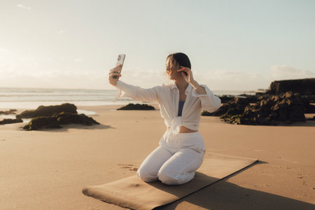 Young girl recording video on phone share via app her travel vacation near seaside. Gen Z influencer shooting social media stories. Concept of friendship between a dog and human. Part of a series. UGCの写真素材