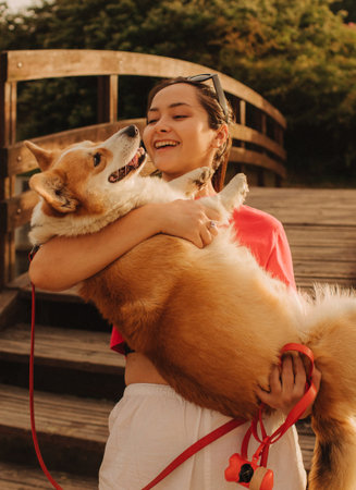 Close-up of a woman hugging a Welsh Corgi in the park in sunny weather. Concept of walking a dog, friendship between a dog and owner. Part of a series. Soft focus.の写真素材