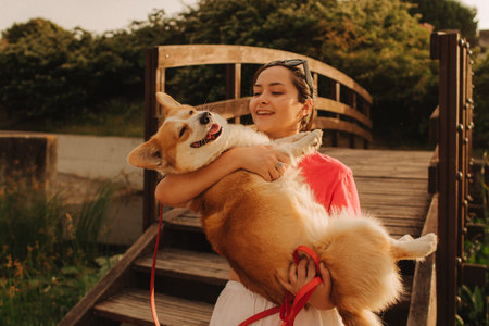 Close-up of a woman hugging a Welsh Corgi in the park in sunny weather. Concept of walking a dog, friendship between a dog and owner. Part of a series. Soft focus.の写真素材