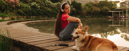 Close-up of a woman with Welsh Corgi in a park on a hot sunny day. The dog looks tired from the heat. Concept of summer walk, pet care, and companionship. Soft focus. Part of a series.の写真素材